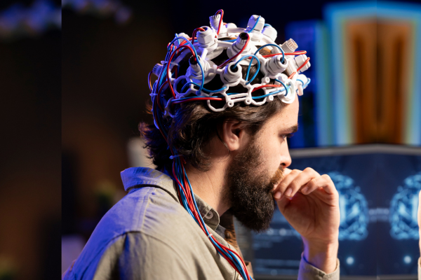 Hombre con casco de neurociencia que simboliza los programas inconscientes y el funcionamiento automático de la mente.
