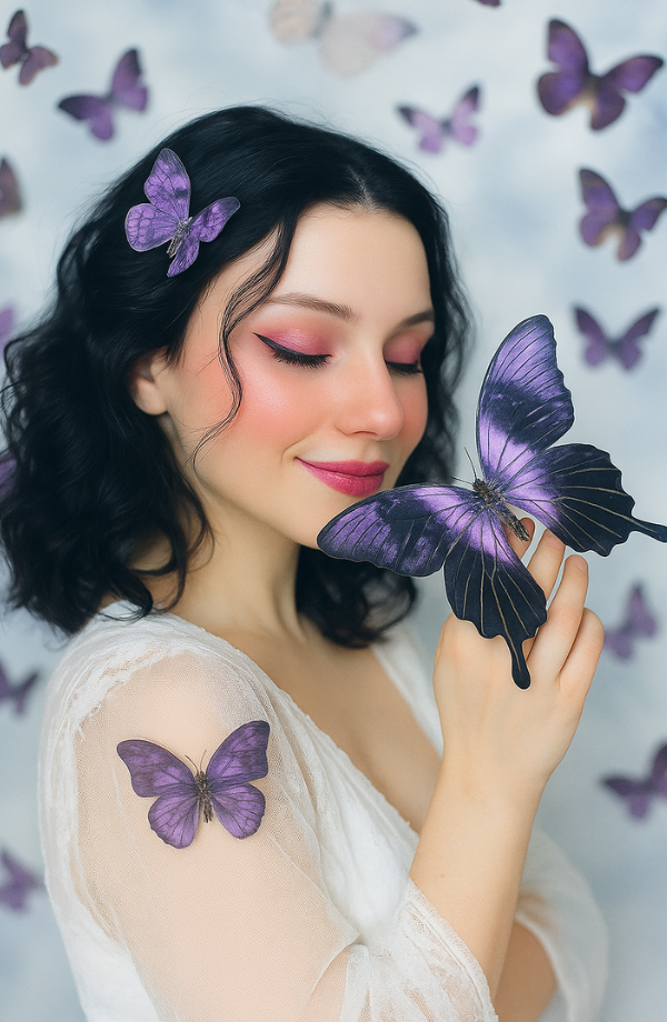 Mujer con mariposas saliendo de la cabeza, simbolizando la reprogramación mental y la transformación interior.